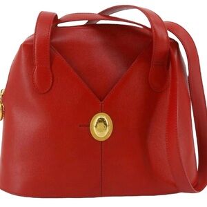 AUTH CHRISTIAN DIOR Vintage Genuine Leather Double Straps Shoulder Bag, RED